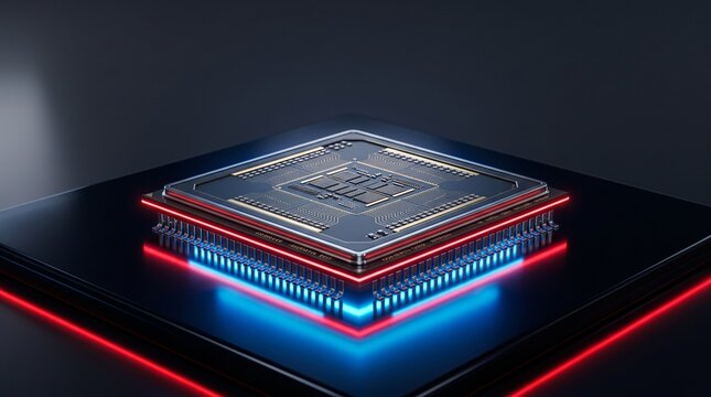 Microchip on dark surface with glowing LED lights for technology