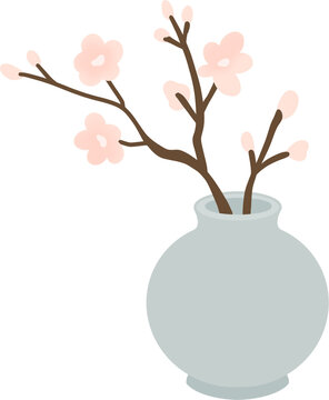 Oriental ceramic vase with plum blossom branches vector illustration, traditional floral element