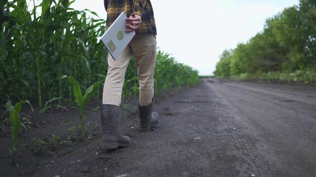 A farmer walks along a dirt path beside rows of corn. The farmer closely inspects the corn while holding a clipboard, reflecting on the crop's progress.