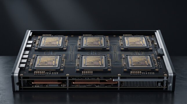 Close-up of microchips in a computing cluster for data processing