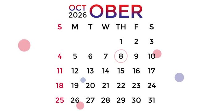 October 8, 2026 calendar in red and blue gradient colors on a white background