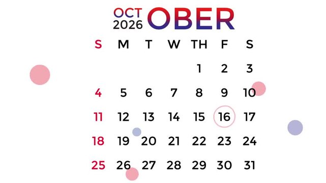October 16, 2026 calendar in red and blue gradient colors on a white background
