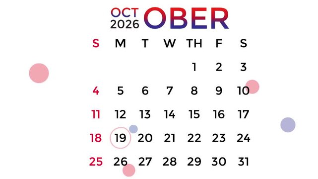 October 19, 2026 calendar in red and blue gradient colors on a white background