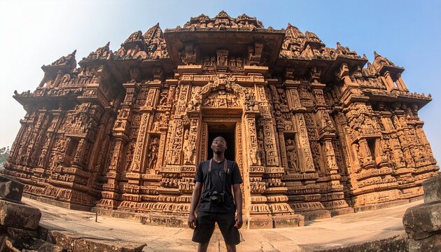 Foreign tourist exploring Indian heritage temples.