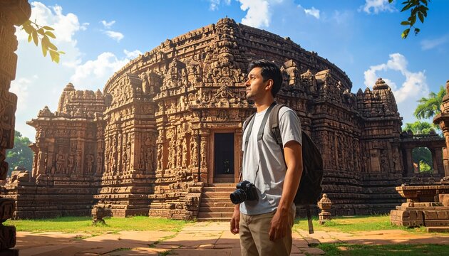 Foreign tourist exploring Indian heritage temples.