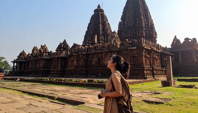 Foreign tourist exploring Indian heritage temples.