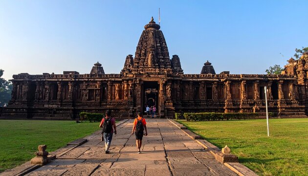 Foreign tourist exploring Indian heritage temples.