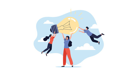 Fototapeta premium Creative teamwork concept with three business professionals holding a giant glowing light bulb in the sky.