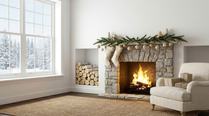 Obraz premium Cozy living room interior with a stone fireplace decorated for Christmas and a snowy window view