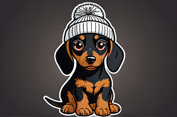 Fototapeta premium Cute kawaii dachshund puppy wearing a winter beanie hat vector sticker illustration