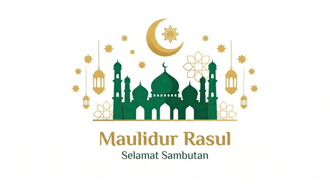 Maulidur Rasul Islamic greeting banner with mosque crescent moon lanterns and golden stars background vector illustration design