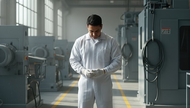 Hispanic man wearing a blank white coverall standing near heavy industrial machinery