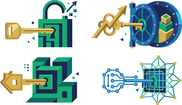 Modern Cybersecurity and Digital Data Protection Concept with Keys, Padlocks, Encryption, Blockchain, Network Security and Secure Technology Icons