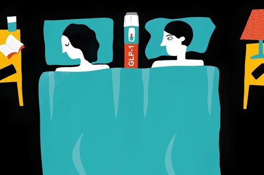 A couple in bed with a weight loss drug between them.