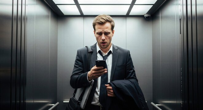 Burned out office worker checks late messages in empty elevator, showing work life spillover, corporate fatigue, stress and inability to disconnect after work.
