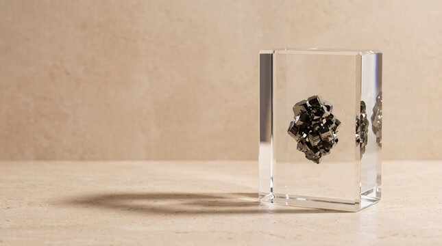 Minimalist warm-toned hero background featuring a pyrite mineral sealed in a clear glass block on stone, symbolizing digital wealth, blockchain security, and trusted financial infrastructure.