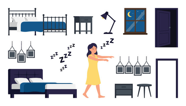 Sleepwalking Woman and Bedroom Furniture Vector Illustration Set with Somnambulism Concept Beds Nightstand Lamp and Open Door Elements for Sleep Disorders
