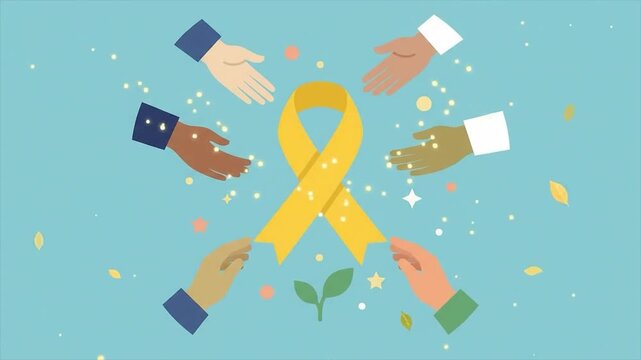 Yellow ribbon awareness motion graphics video. Diverse hands surrounding support symbol vector concept. Mental health and cancer solidarity background illustration.