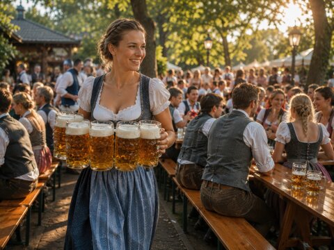 Bedienung in Dirndl tr&auml;gt mehrere volle Bierkr&uuml;ge durch einen belebten Biergarten. Authentische Serviceszene mit Tracht, warmem Licht und lebendiger Festkultur im Freien.
