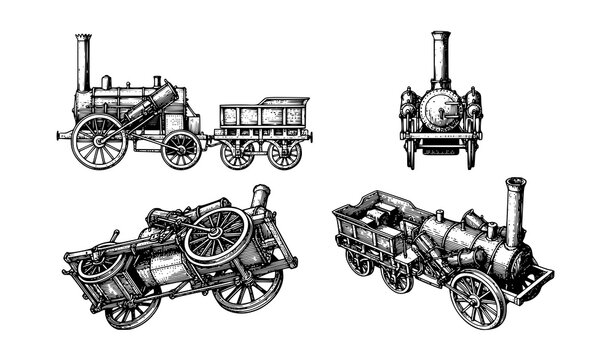 George Stephenson Rocket 1829 Vintage Engraving Vector Set