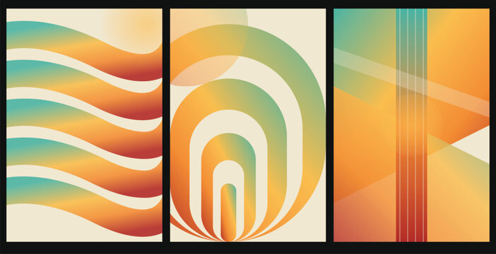 Abstract retro wave triptych with soft color gradients and geometric lines