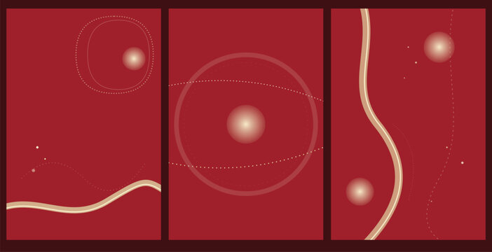 Red abstract triptych wallpaper with glowing circles and fluid wavy lines