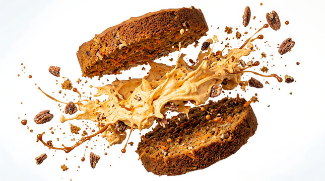 Pastry explosions carrot cake layers separating with caramel splash