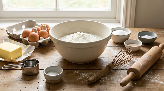 Baking ingredients with flour bowl eggs butter and kitchen tools on a rustic wooden table. first recipe guide