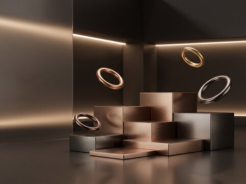 Luxury golden abstract shape on geometric pedestal. Metallic copper 3D rings floating. Premium dark background for beauty, cosmetic, luxury brand presentation