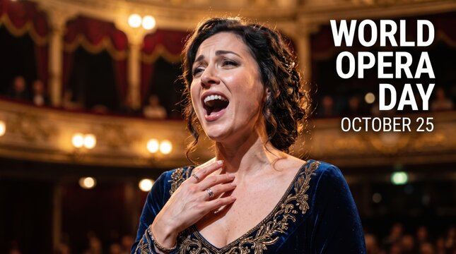 Female opera singer with dark curly hair wearing a blue velvet dress with gold embroidery performing on a stage inside a historic theater with red curtains and warm golden lighting