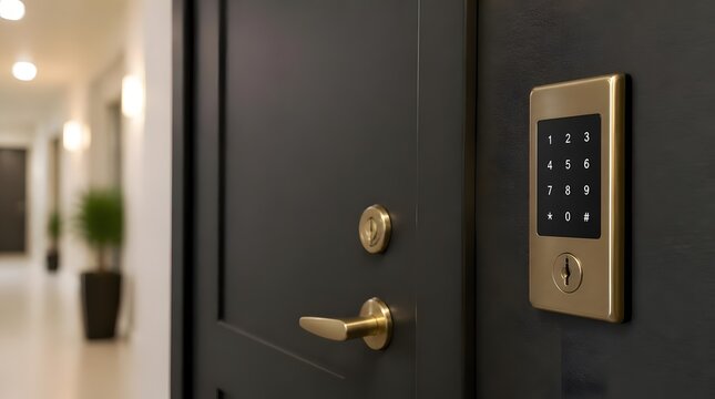 Modern black door with brass electronic keypad lock in apartment hallway