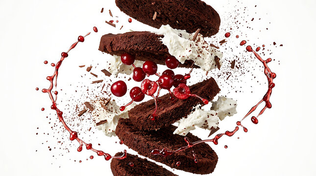 Floating gourmet desserts Black Forest gateau cake explosion white