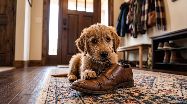 Puppy chewing on a leather shoe in a cozy entryway  