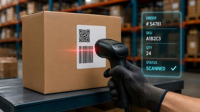 Warehouse worker scanning package with barcode and QR code