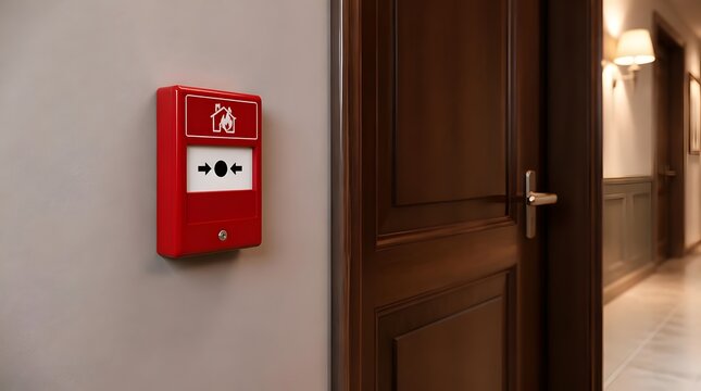 Red emergency manual fire alarm call point mounted on indoor wall