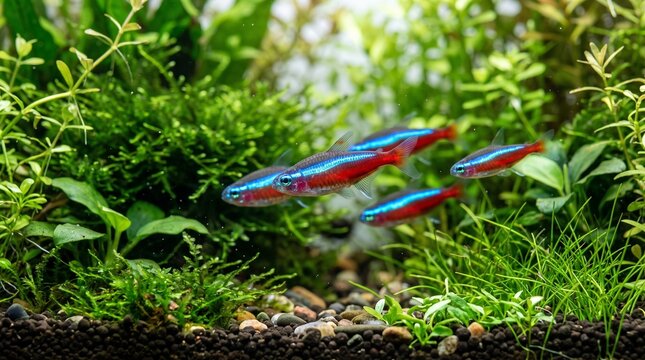 Neon tetra fish swimming in lush aquarium plants  
