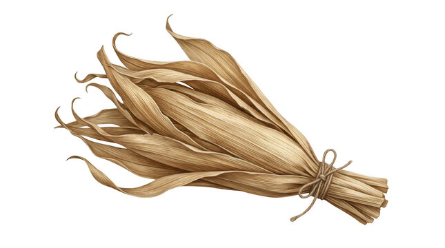 A bundle of dried corn husks tied with a natural twine string isolated on white transparent background