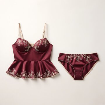 Elegant burgundy lingerie set with floral embroidery, satin peplum camisole and matching panties, luxury maroon bridal sleepwear illustration