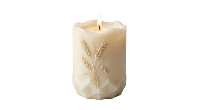 A single cream colored decorative wax candle with embossed wheat stalks pattern and geometric base isolated on white background transparent background