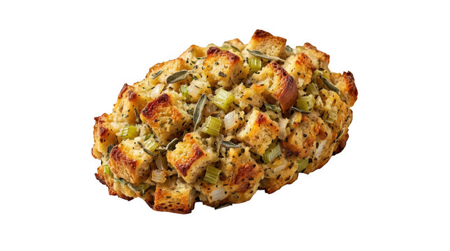 A single portion of homemade bread stuffing with herbs and vegetables isolated on a white background transparent background