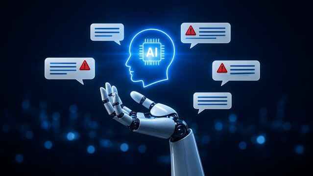 Robot hand projecting glowing blue artificial intelligence profile with chat bubbles and warning icons representing machine learning content moderation