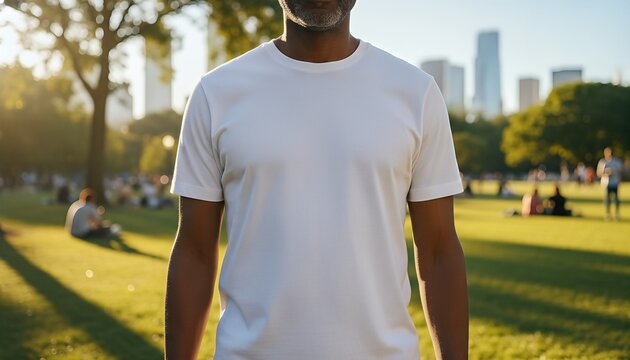 Middle aged African man wearing a blank white t shirt in a sunny city park