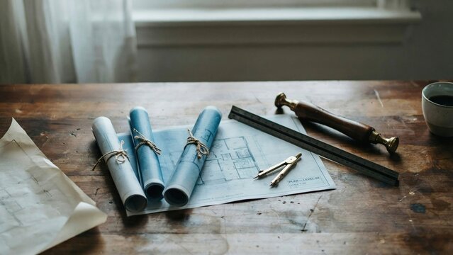 Architectural blueprints and tools on wooden table design planning and construction concepts