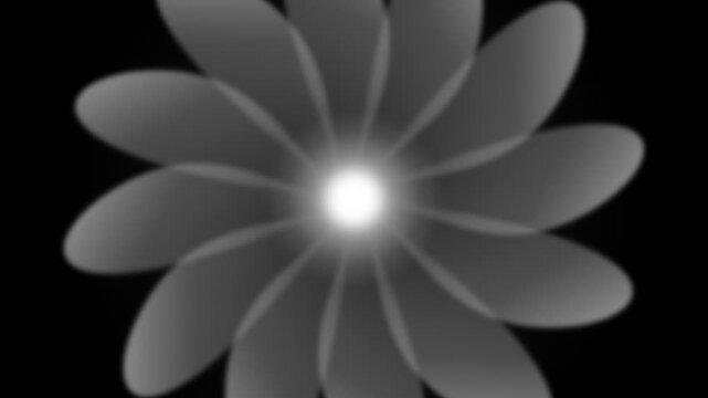 Abstract grayscale flower pattern with a glowing center against black