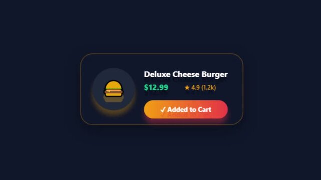 Deluxe Cheese Burger food product promotion card animation with price, rating, and Added to Cart button against a dark background motion graphic loop