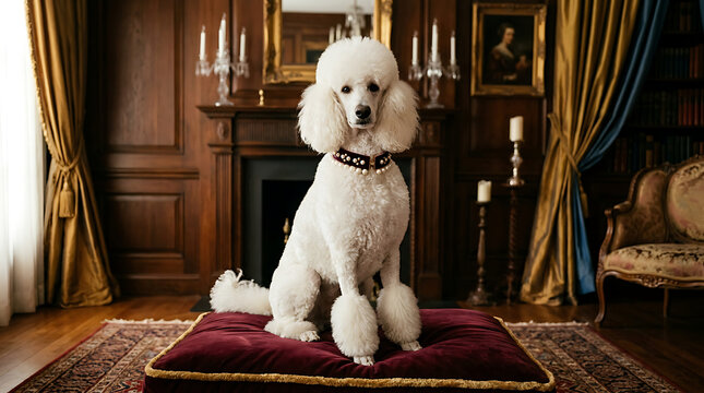 A regal white poodle wearing a pearl-adorned collar, sitting on a velvet cushion in a classic wood-paneled library