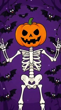 Cartoon skeleton with pumpkin head and flying bats for Halloween party background design.