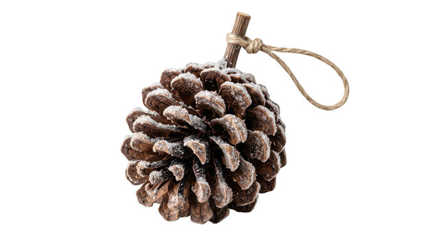 Isolated decorative pine cone with snow for winter season and christmas holiday festive home decor elements transparent background