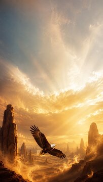 Vertical Epic cinematic digital painting of a majestic bald eagle soaring over a desert canyon during a dramatic golden hour sunset with god rays, a powerful symbol of freedom and leadership.