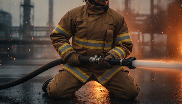 Middle aged woman in protective gear kneeling on damp pavement, operating heavy duty water hose against intense glowing embers during nighttime emergency response